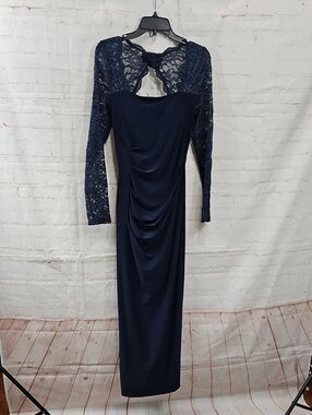 Betsy & Adam Navy Long Sleeve Lace Evening Gown